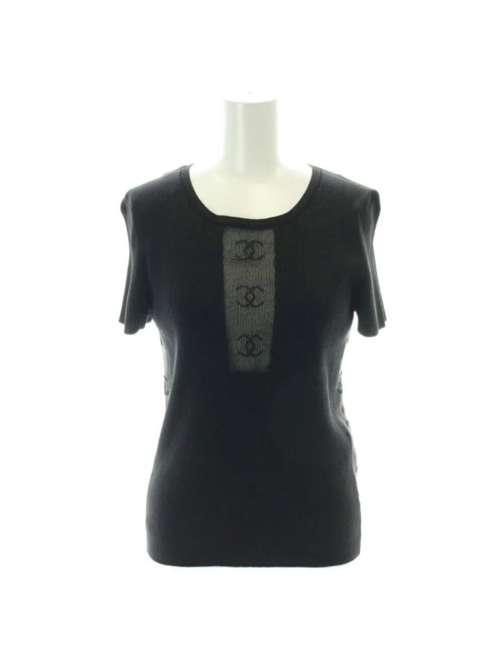 Chanel CC Logo Knit Short Sleeve Top Side Mesh Black Sweater 42